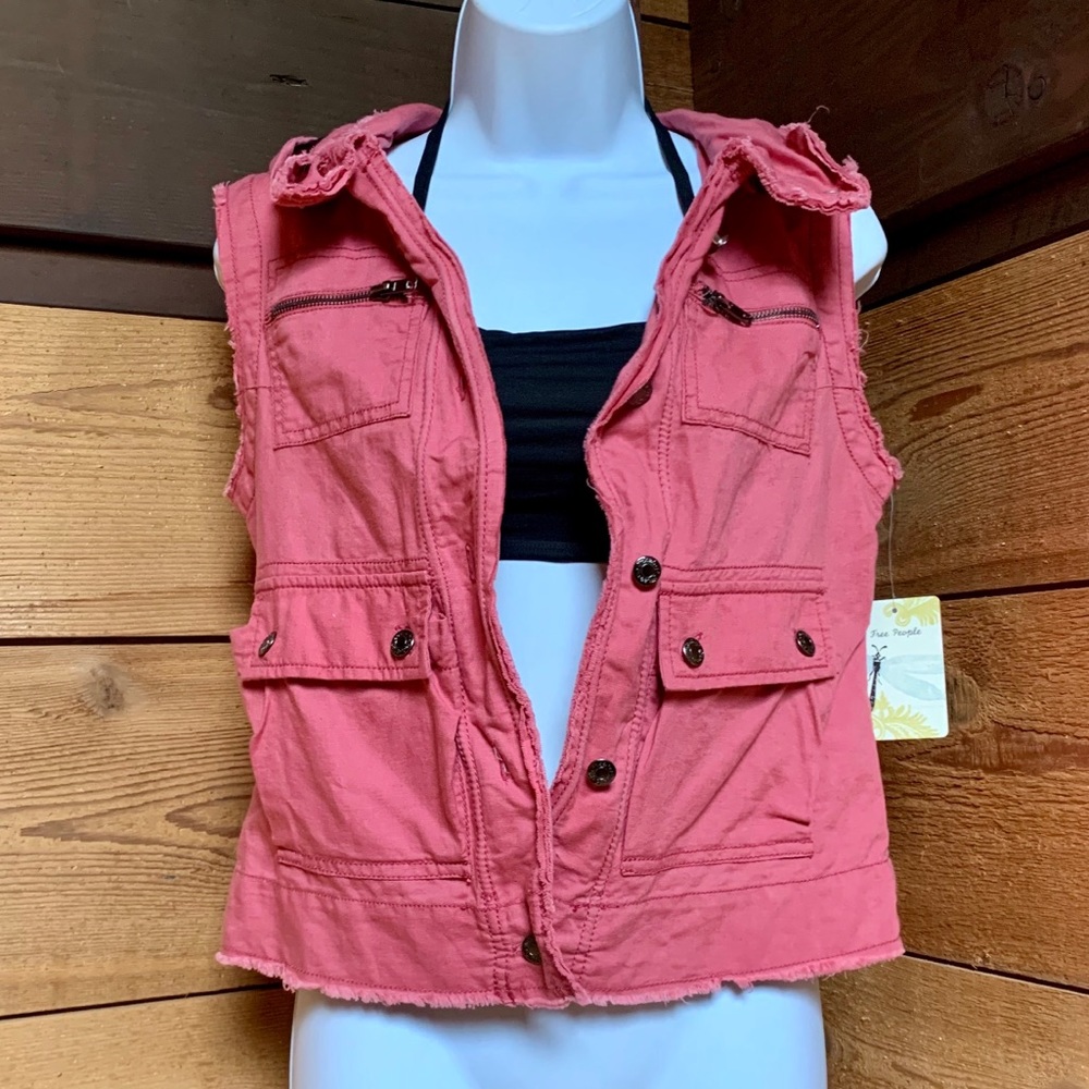 NWT Free People Vest Coral Pocket Buttons Hood
